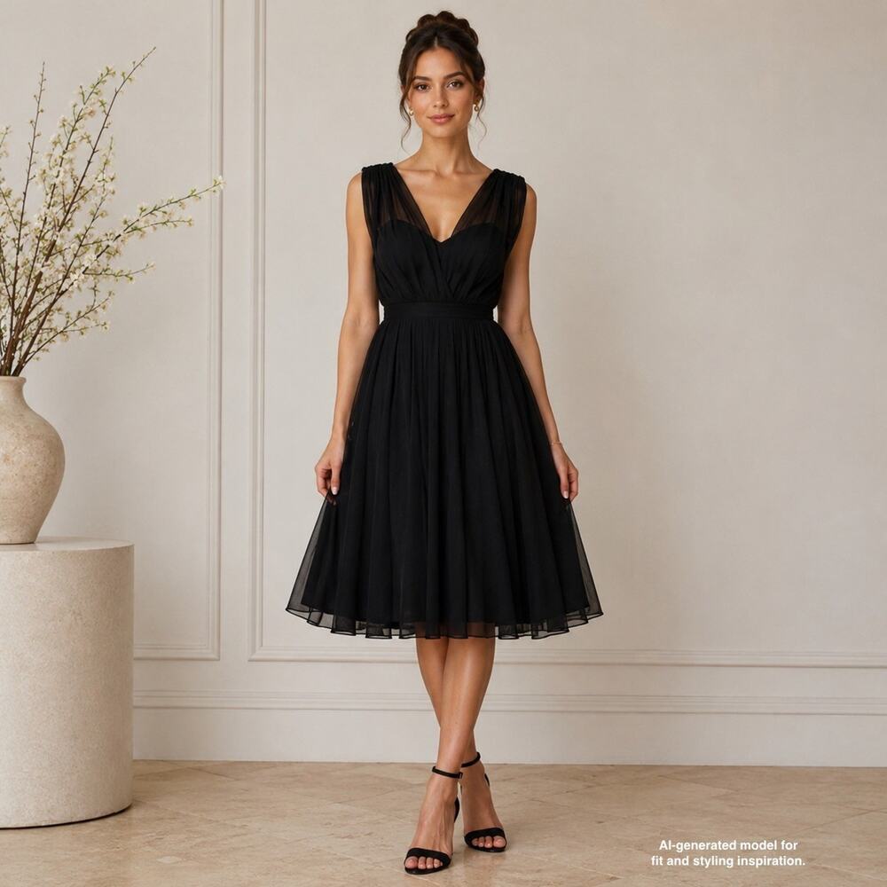 Vintage 50s 60s Black Chiffon Cocktail Dress Fit Flare Party Miss Elliette Sz S
